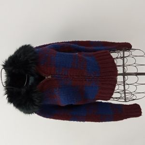 Prada Blue and Red Sweater Cardigan with Black Fur Collar